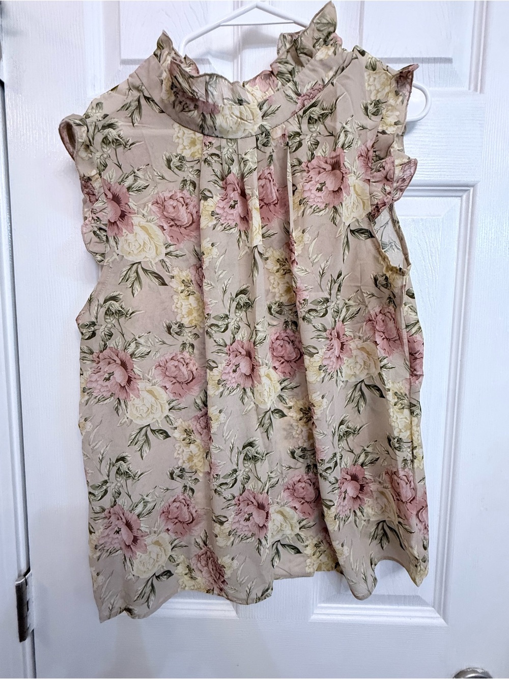 Floral Ruffle Mock-Neck Sleeveless Top - Beige/Pink